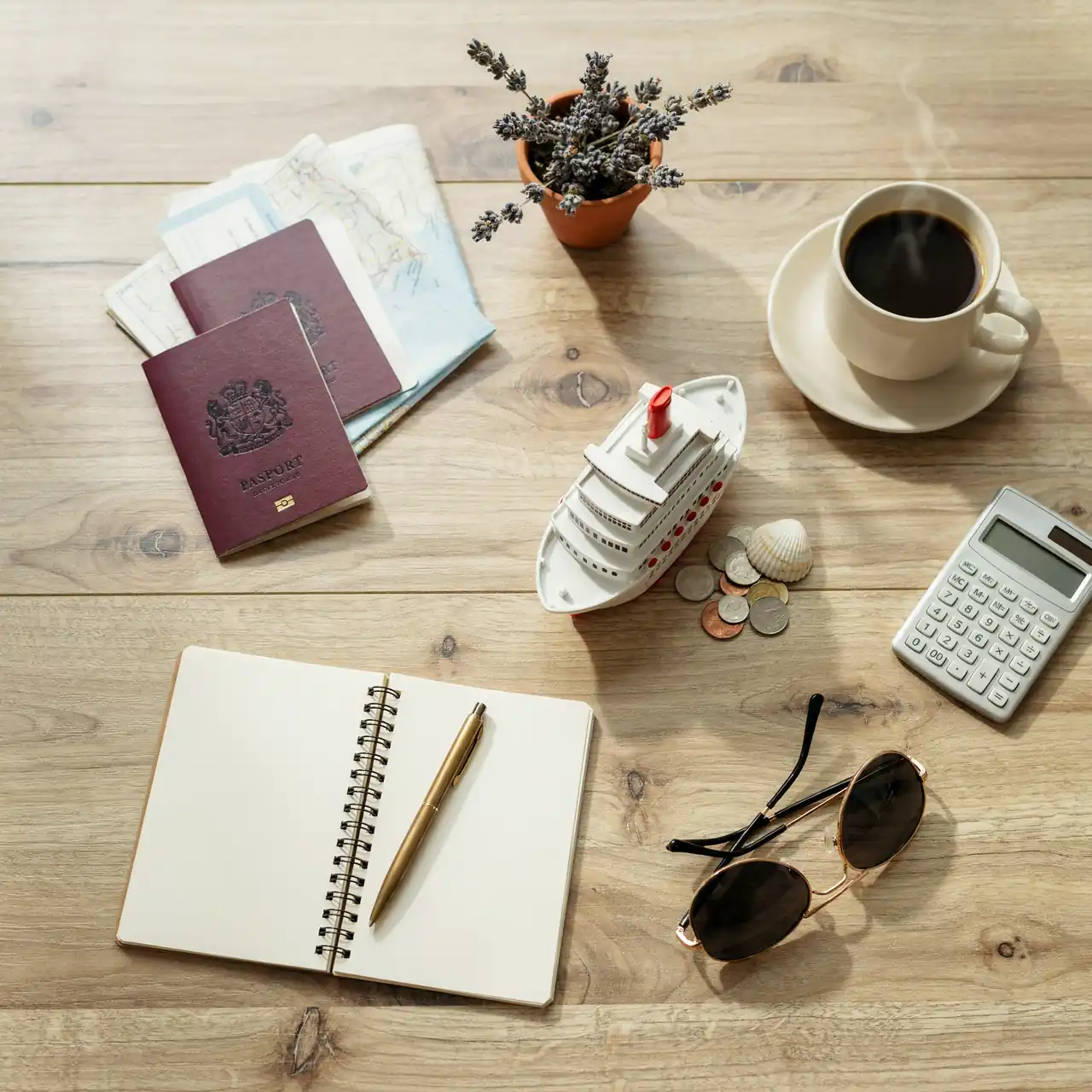Cruise budget planning with a calculator, passports and a model cruise ship