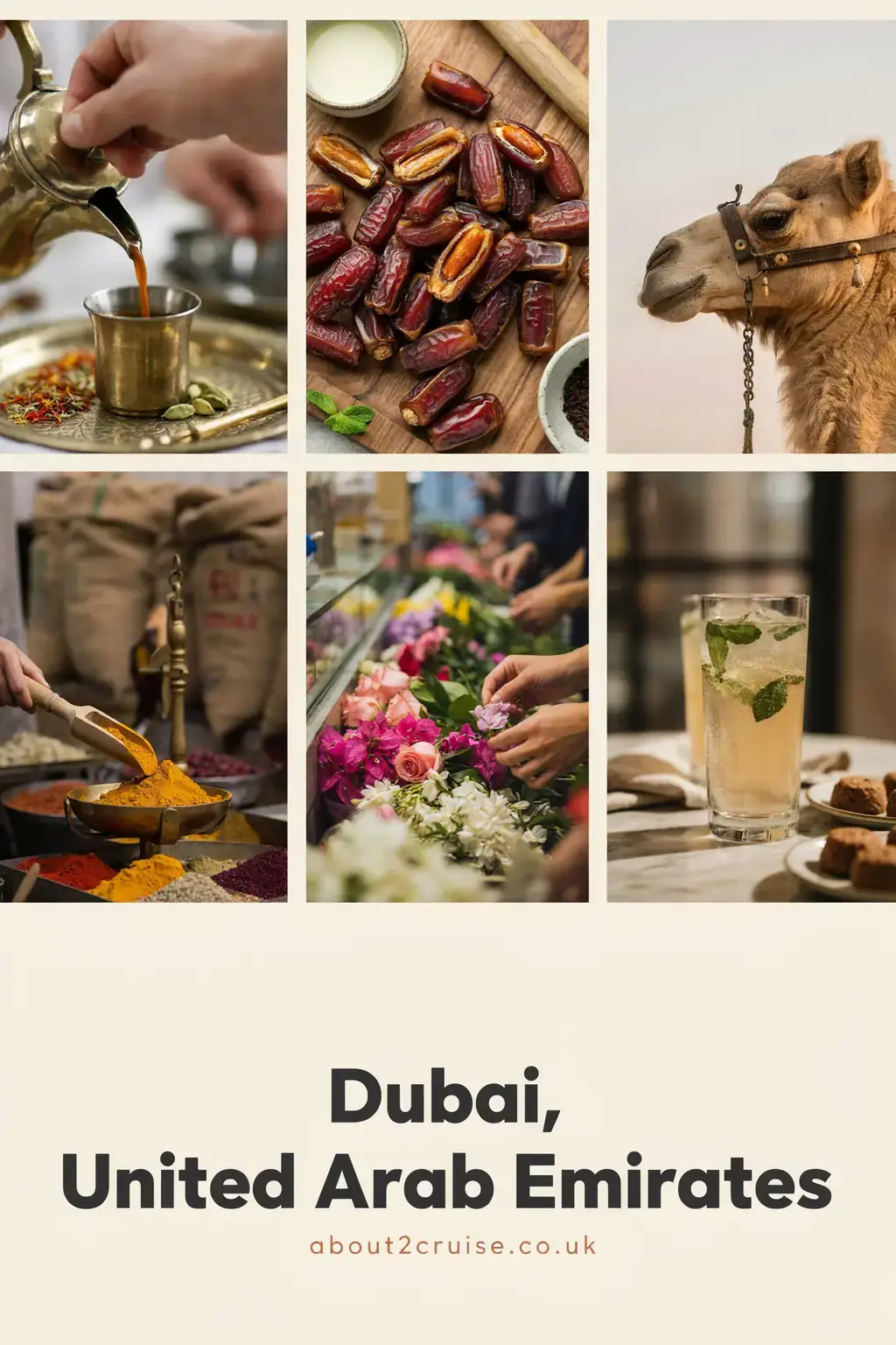 Six panel vision board of close up local experiences in Dubai, United Arab Emirates on a sunny day