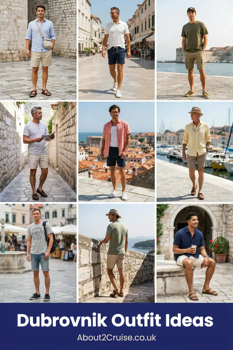 Dubrovnik outfit ideas: grid of casual tourist walking outfits for men in Dubrovnik