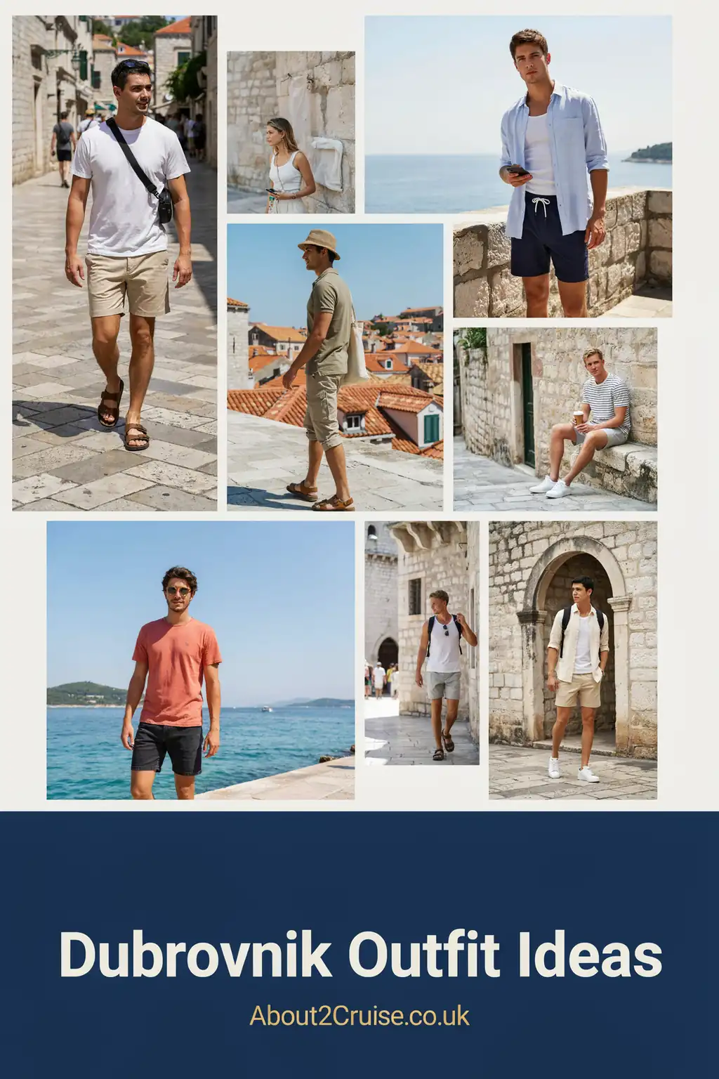 Grid of casual men's tourist walking outfits for Dubrovnik on a sunny day