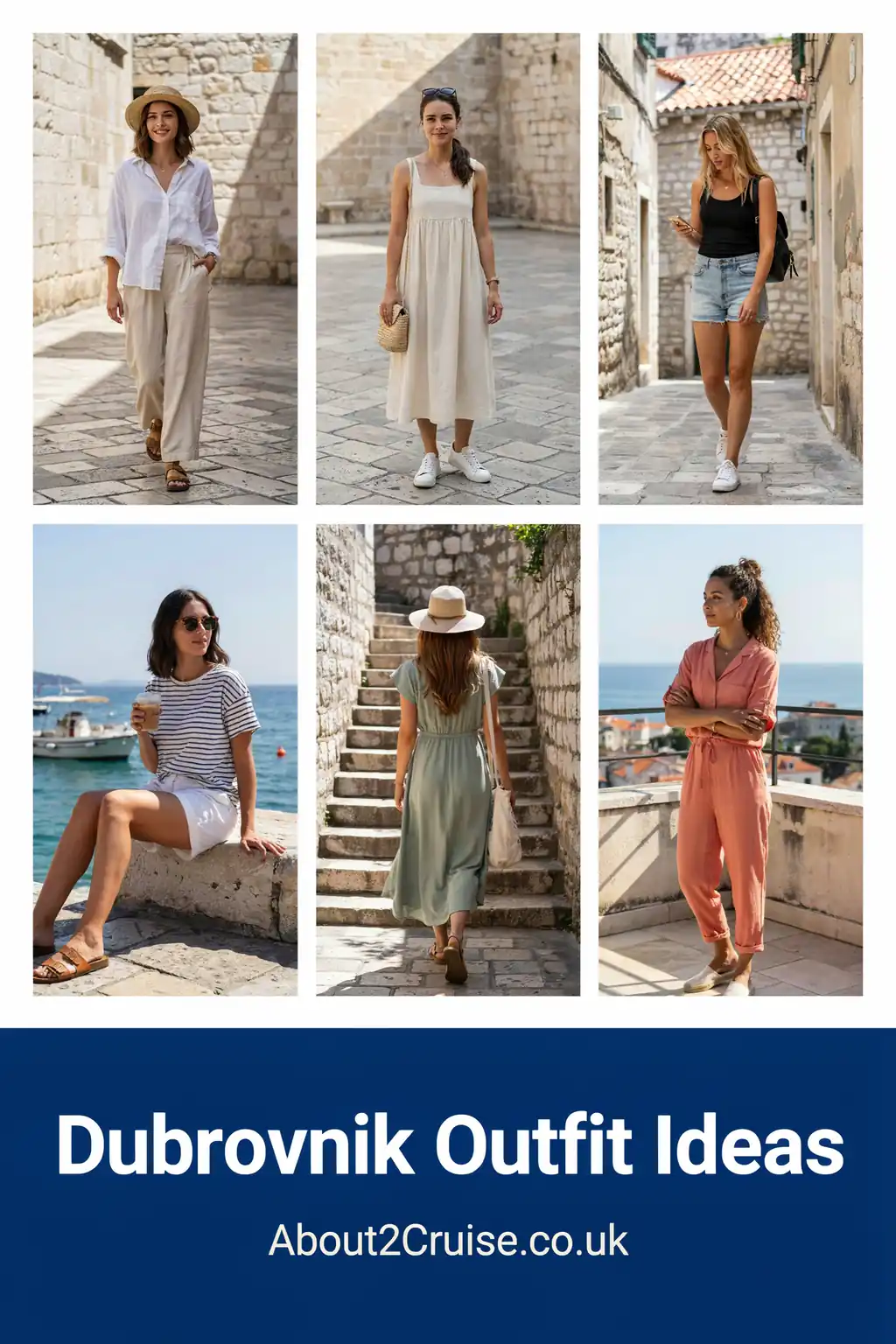 Dubrovnik outfit ideas: grid of casual women's walking outfits for a port day