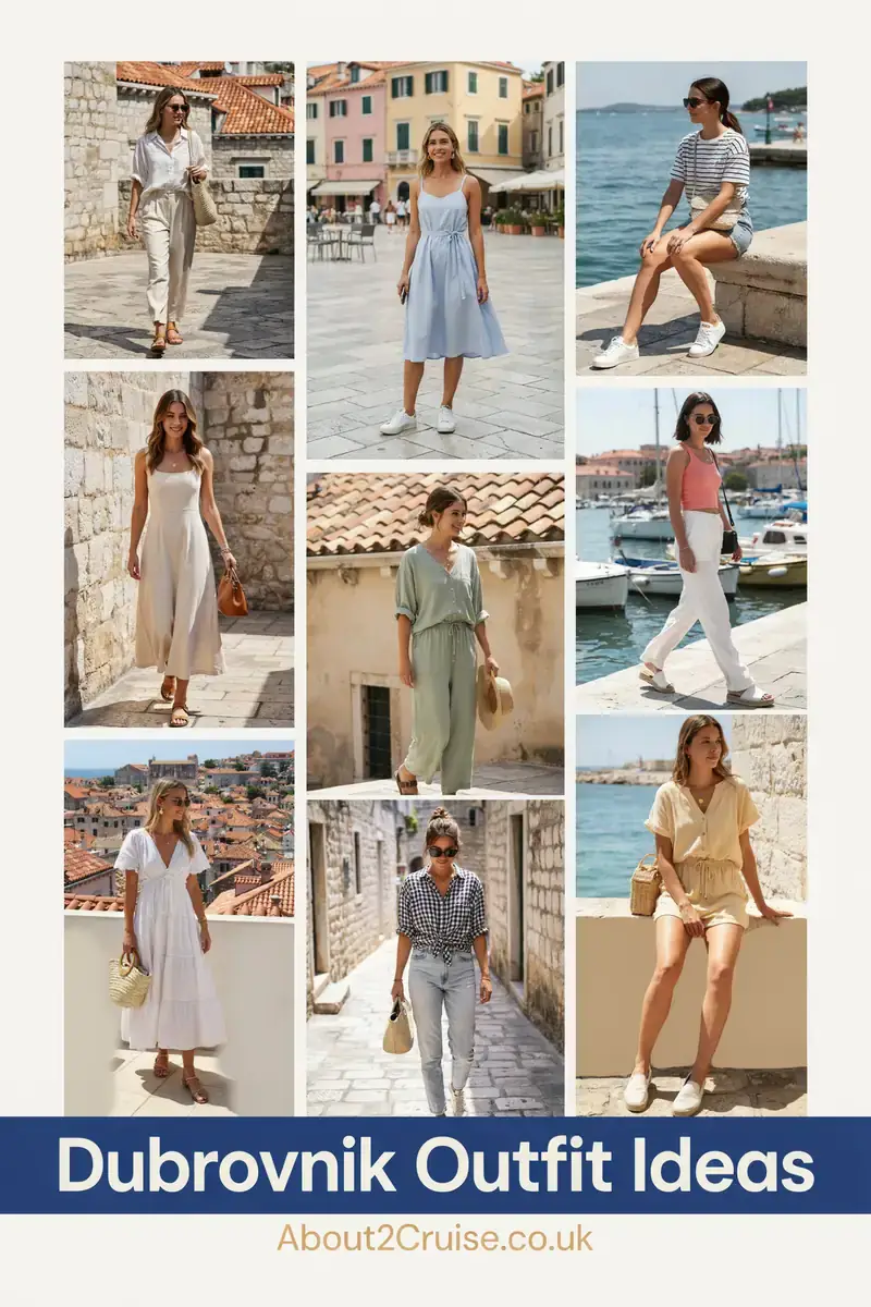 Mood board grid of casual tourist walking outfits for women in Dubrovnik