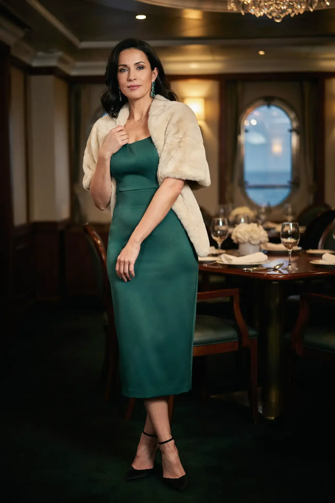 Woman in an emerald cocktail dress with a cream faux fur wrap on an Alaska cruise formal night