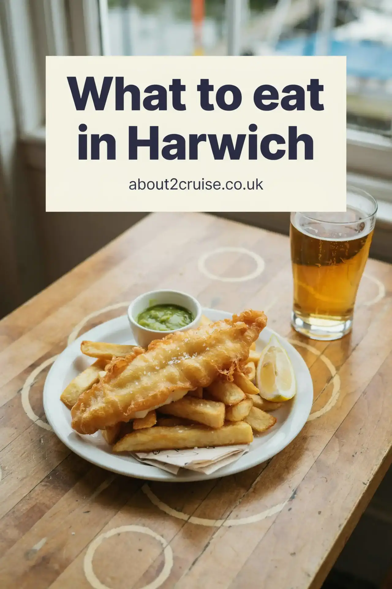 Harwich cruise port: fish and chips, the local dish, served at a sunny cafe table