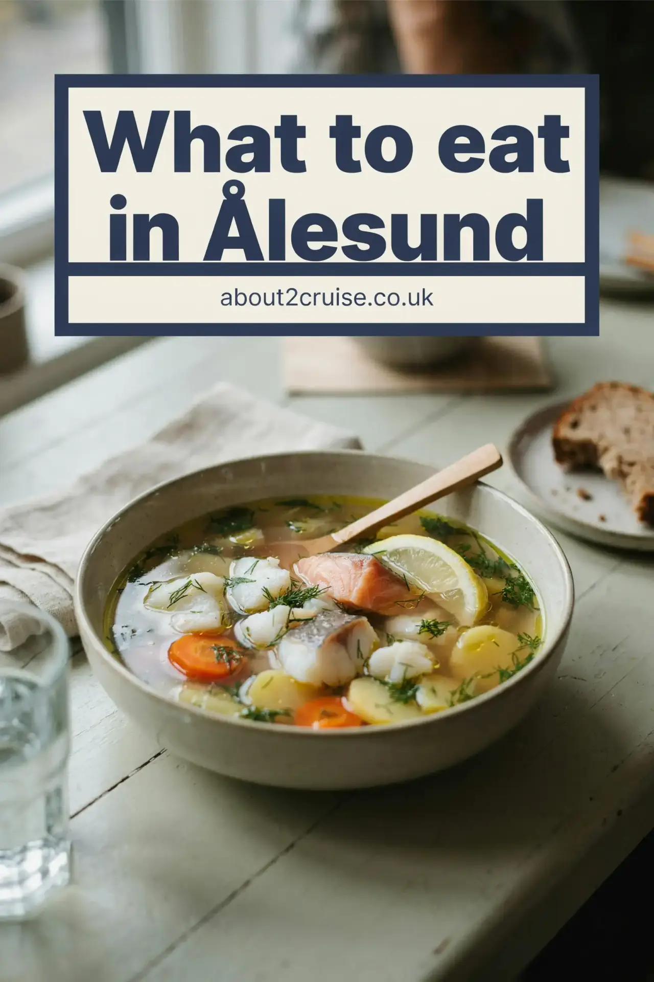 Ålesund cruise port: bowl of fiskesuppe fish soup served at a sunny harbourside cafe table