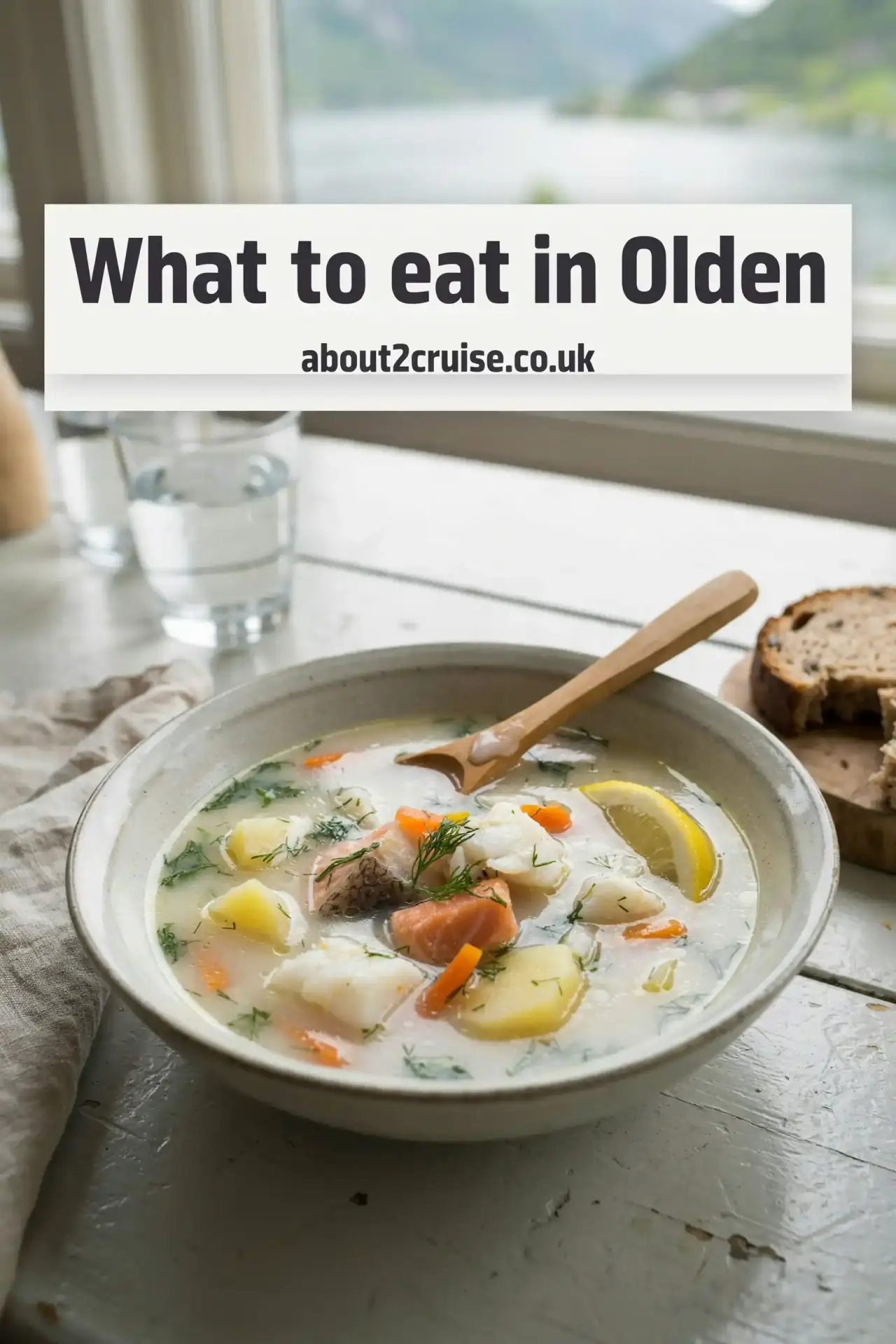 Olden cruise port: bowl of creamy fiskesuppe fish soup served at a sunny cafe table