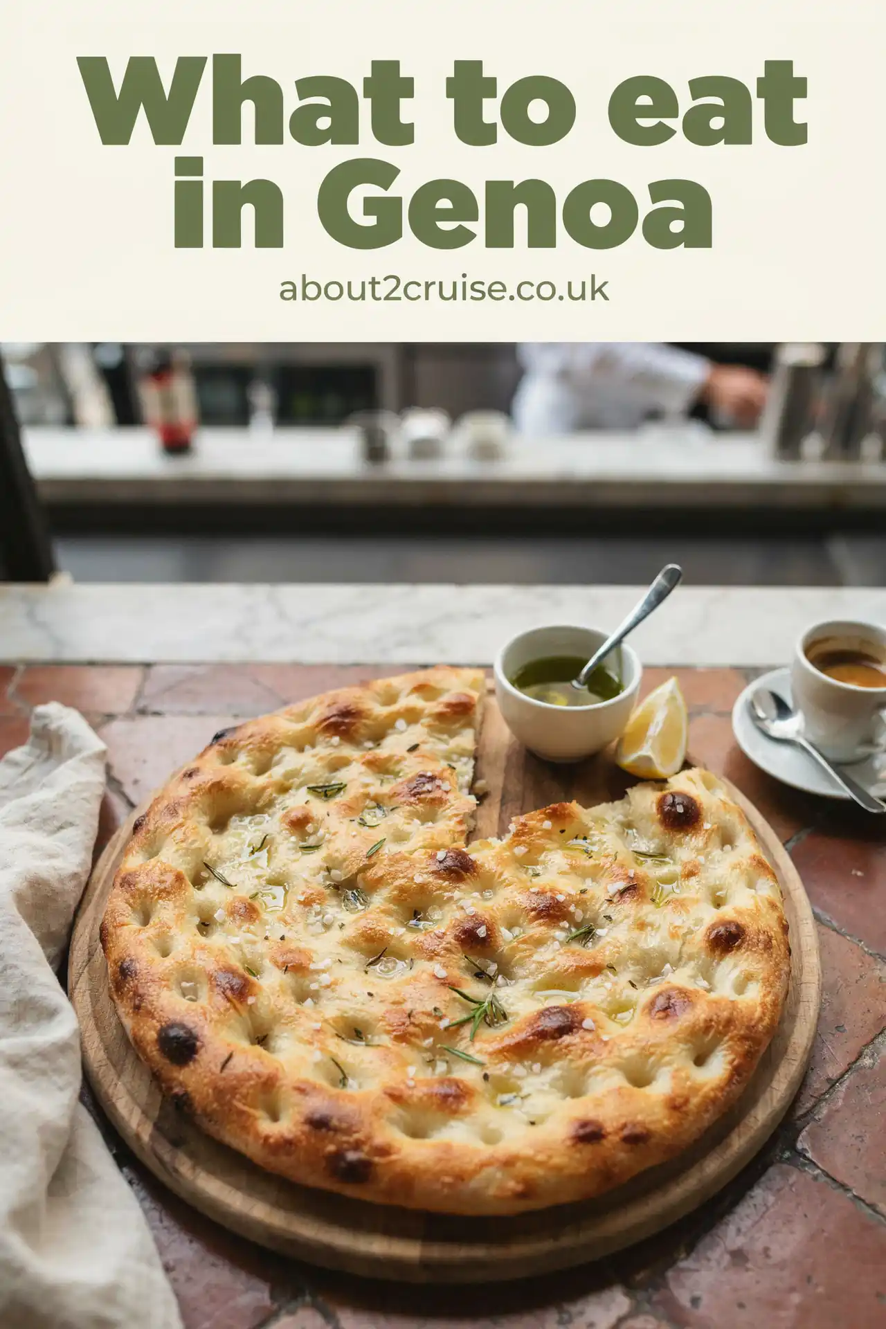 Genoa cruise port: focaccia genovese local dish at a sunny cafe table