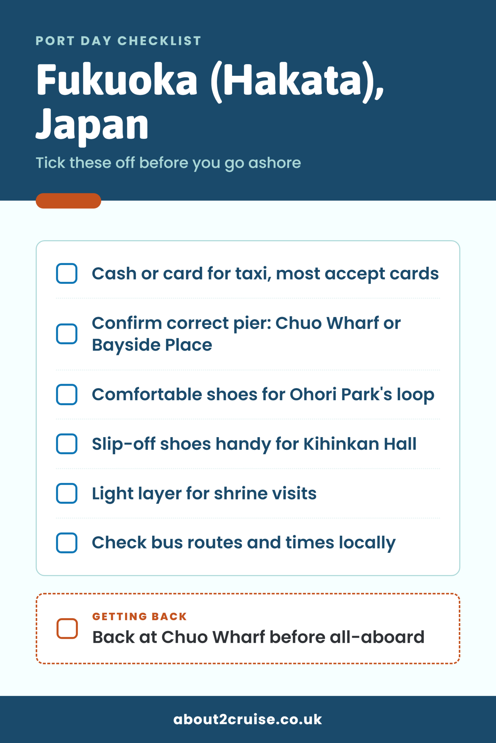 Fukuoka (Hakata) cruise port day checklist: what to bring and check before going ashore