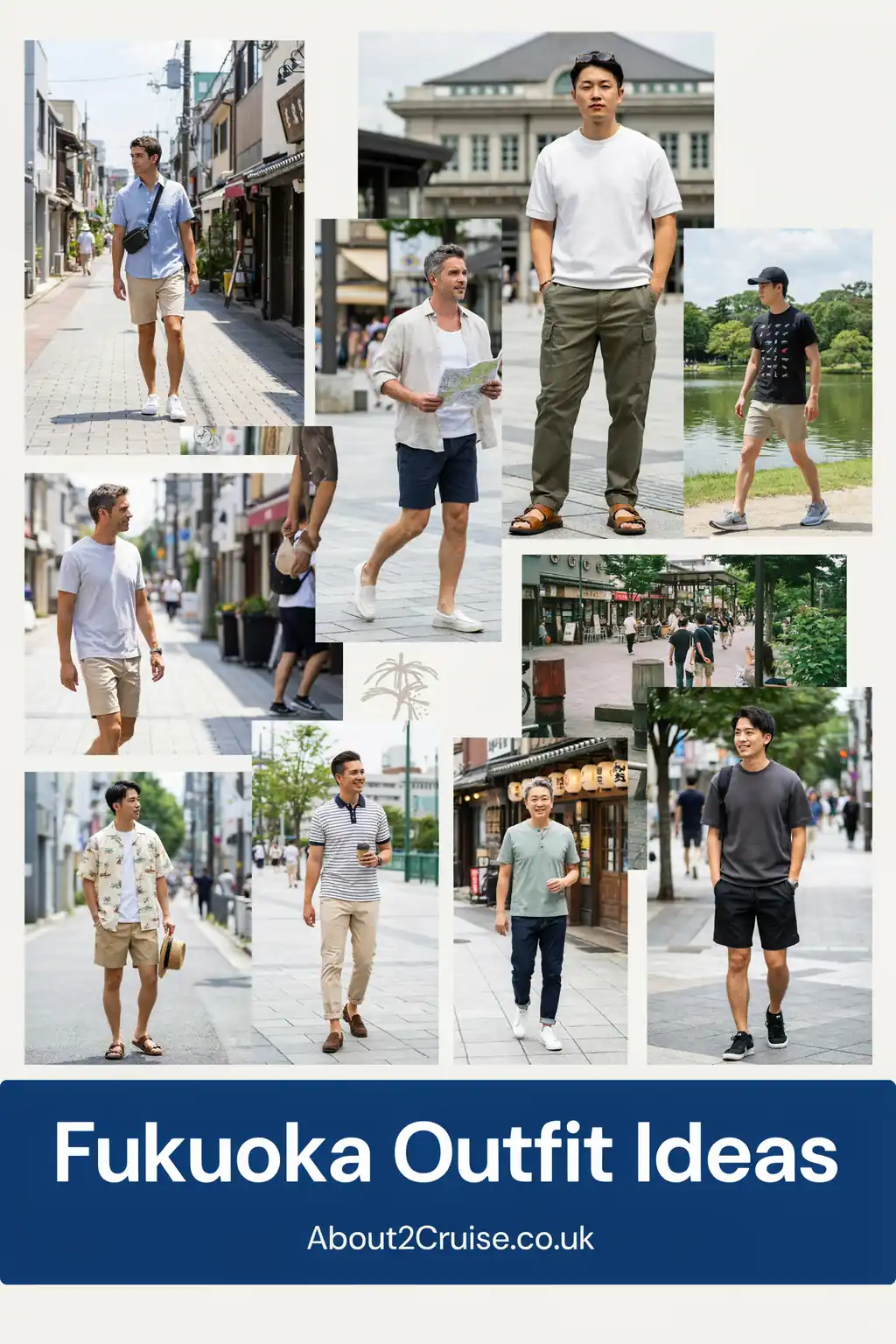 Mood board grid of casual tourist walking outfits for men in Fukuoka