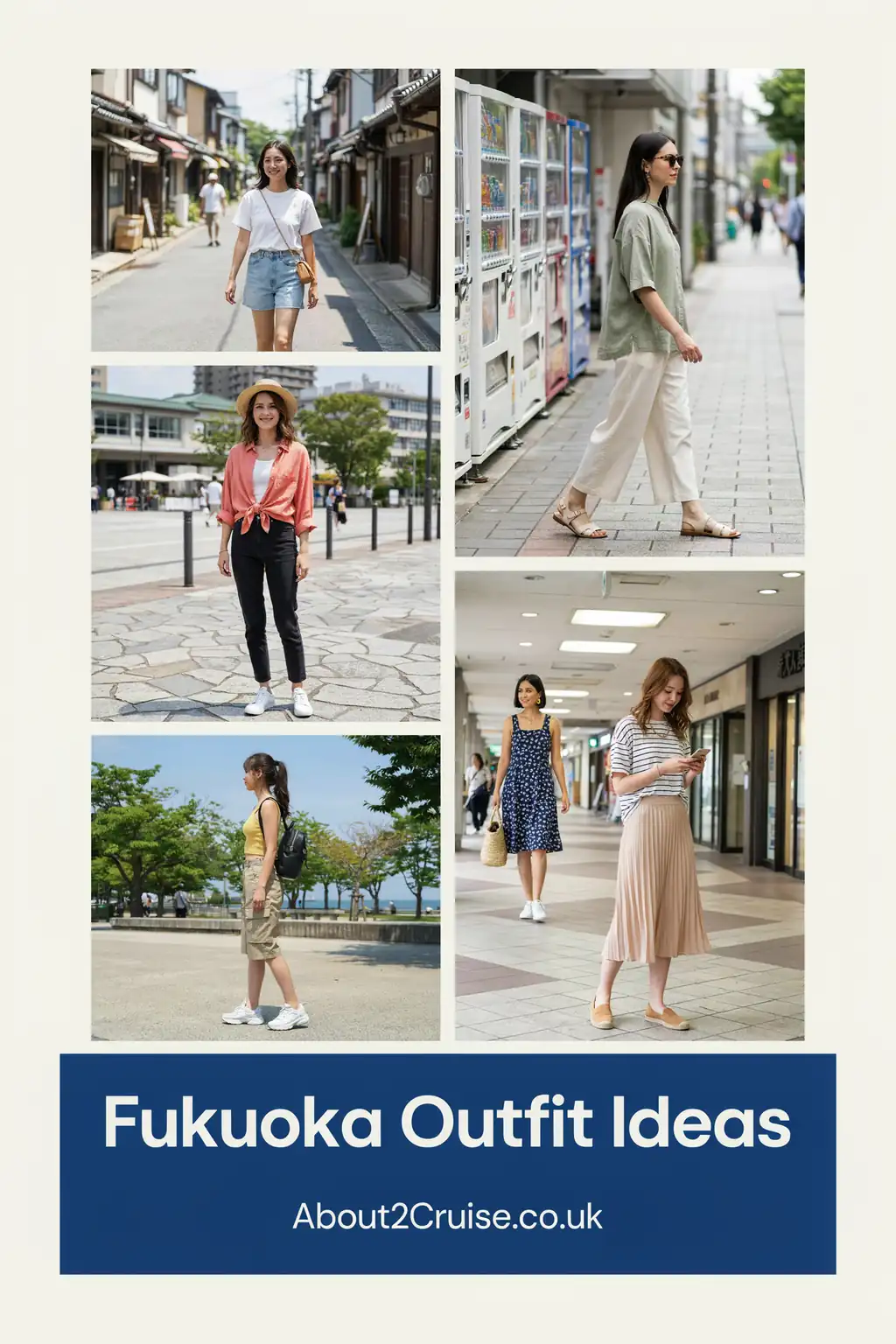 Mood board grid of casual tourist walking outfits for women in Fukuoka