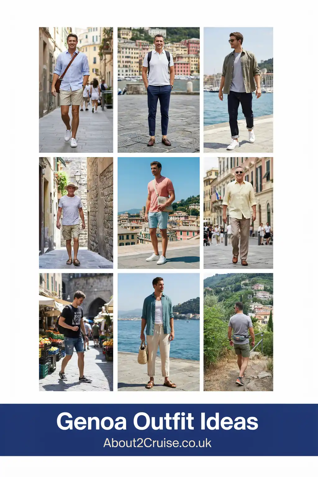 Genoa outfit ideas: grid of casual tourist walking outfits for men on a sunny day