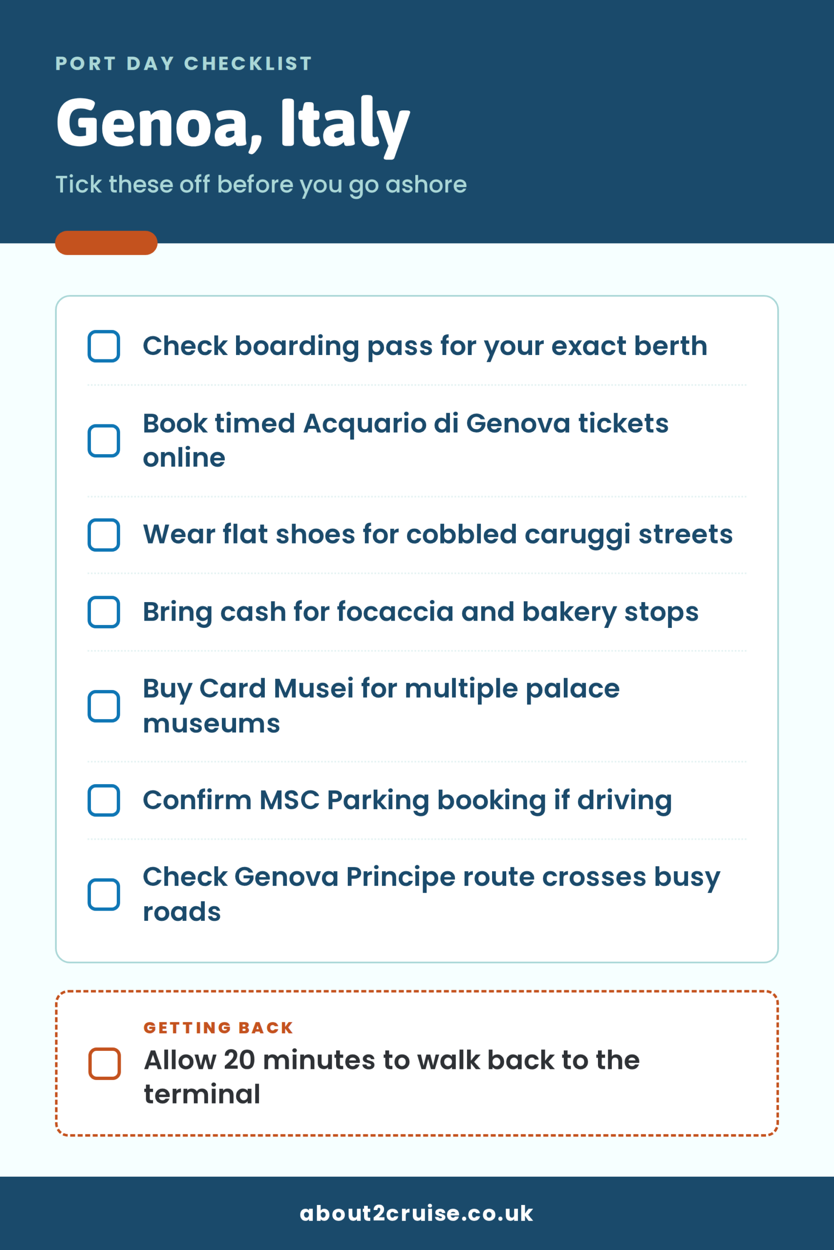 Genoa cruise port day checklist: what to bring and check before going ashore