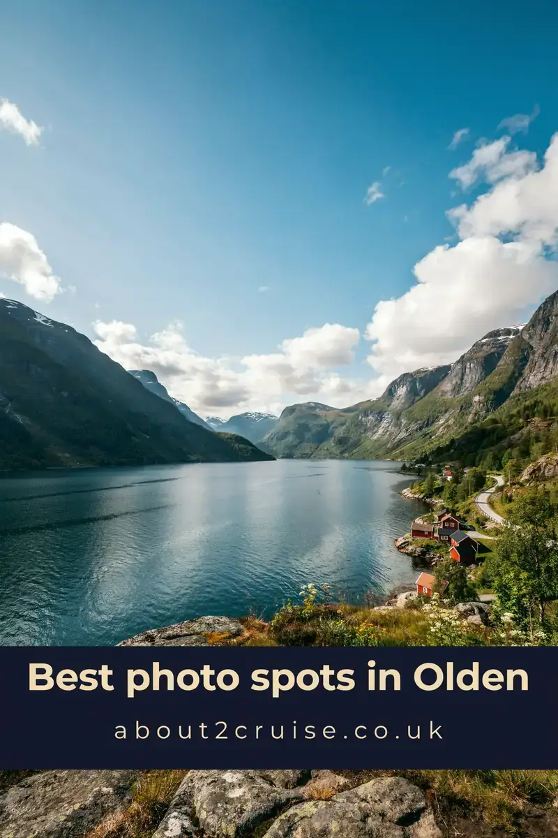 Olden cruise port: glacier lake viewpoint with mountainside and waterfalls on a sunny day