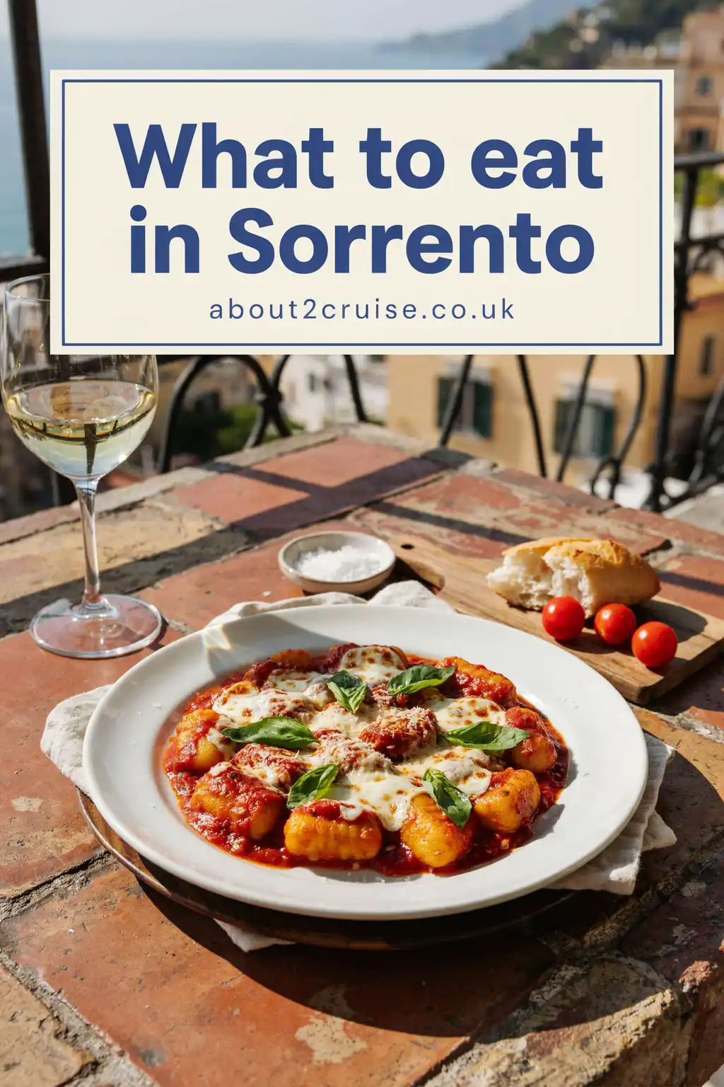 Gnocchi alla Sorrentina, a baked potato gnocchi dish with tomato sauce and mozzarella, served at a sunny cafe table in Sorrento, Italy