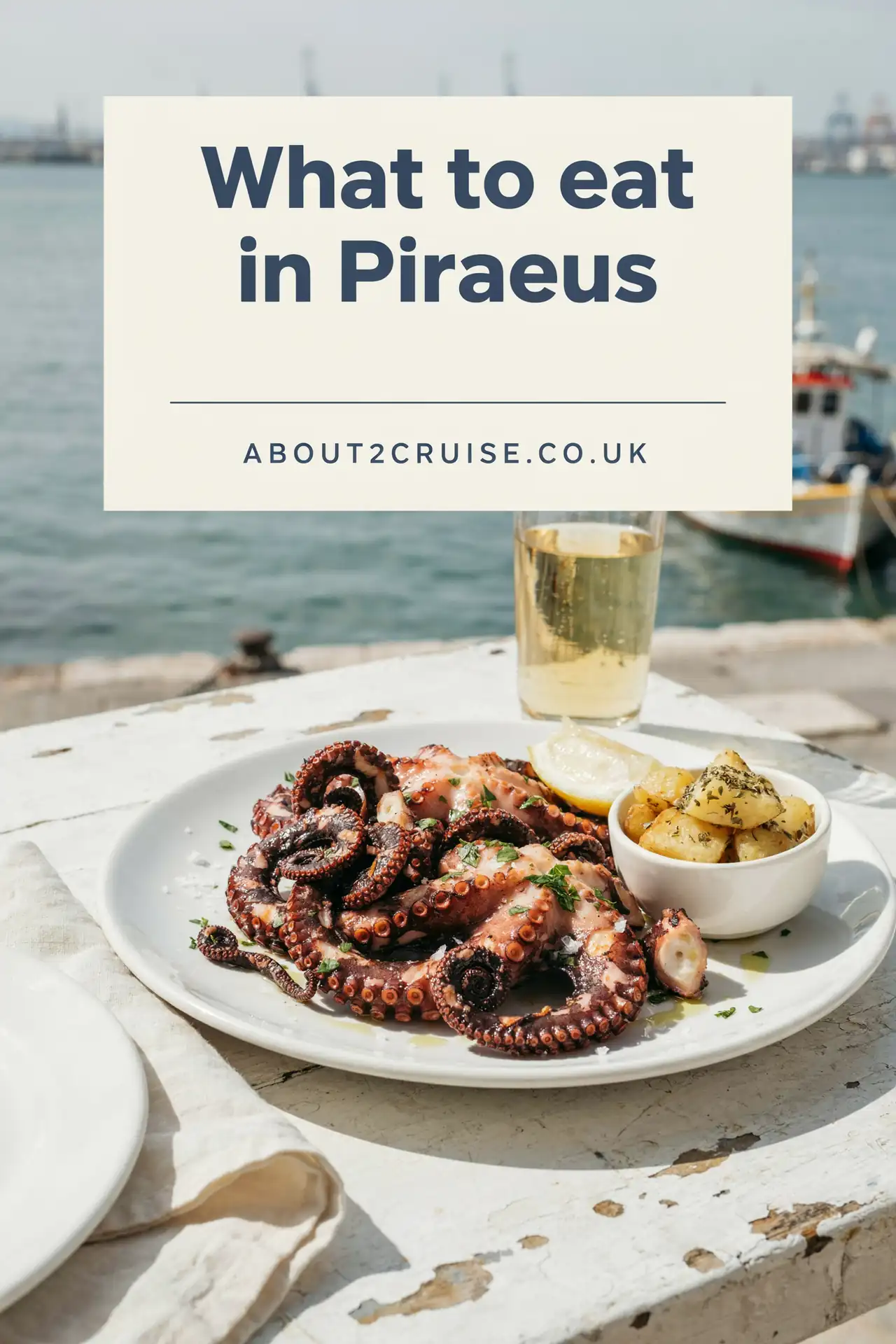 Piraeus cruise port: grilled octopus served at a sunny harbourside cafe table
