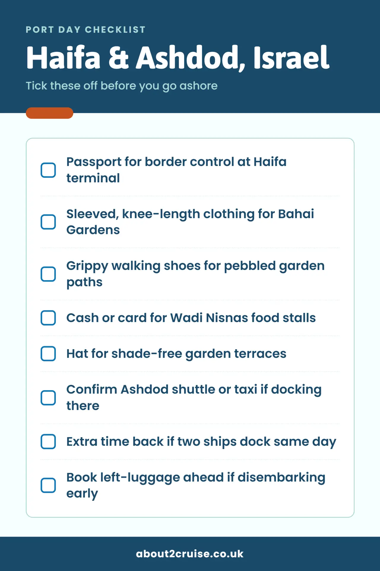 Haifa & Ashdod cruise port day checklist: what to bring and check before going ashore