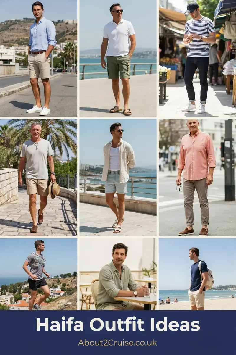 Mood board grid of casual men's tourist walking outfits for Haifa