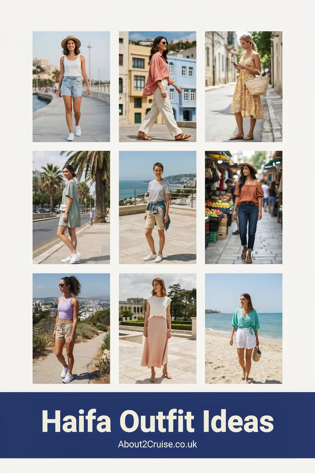 Haifa cruise port: mood board of casual tourist walking outfit ideas for women