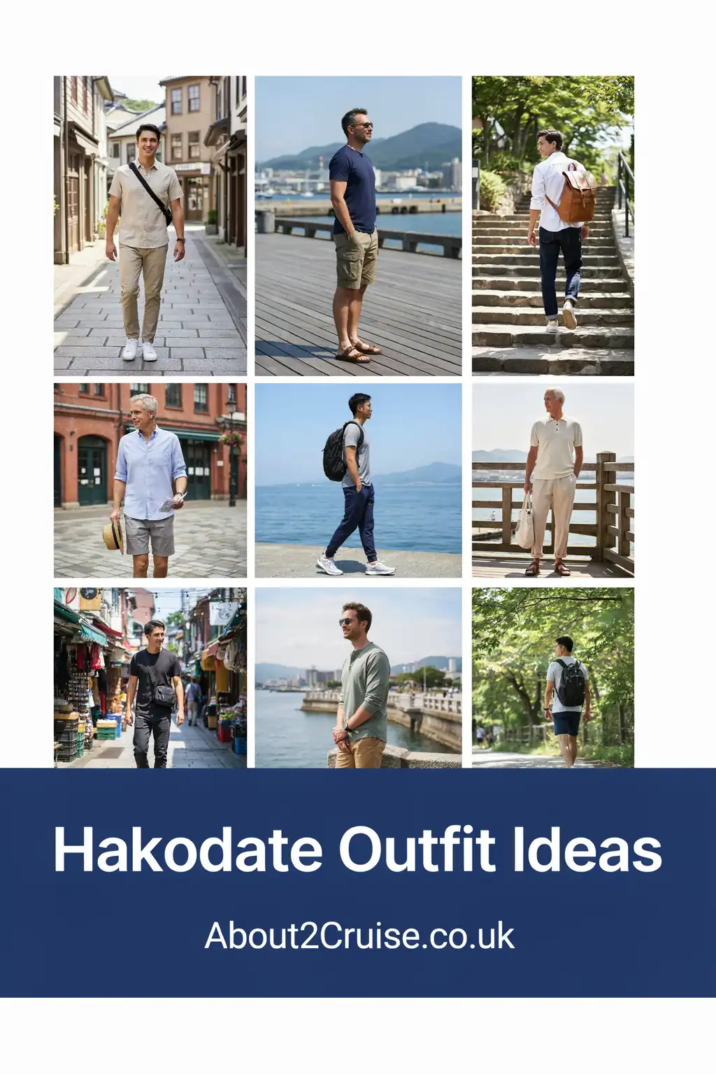 Grid of casual men's walking outfit ideas for a sunny day in Hakodate
