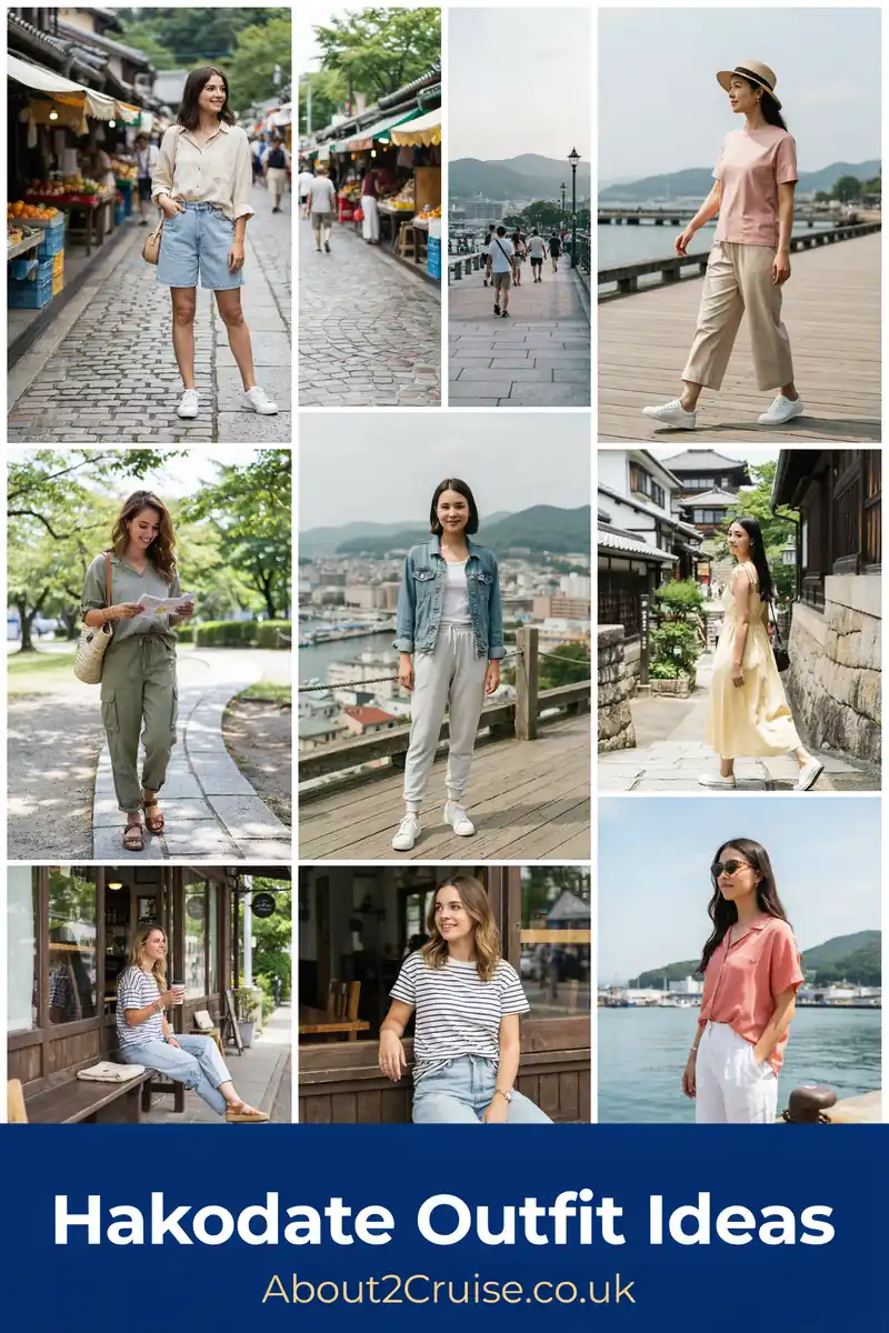 Mood board grid of casual tourist walking outfits for women in Hakodate