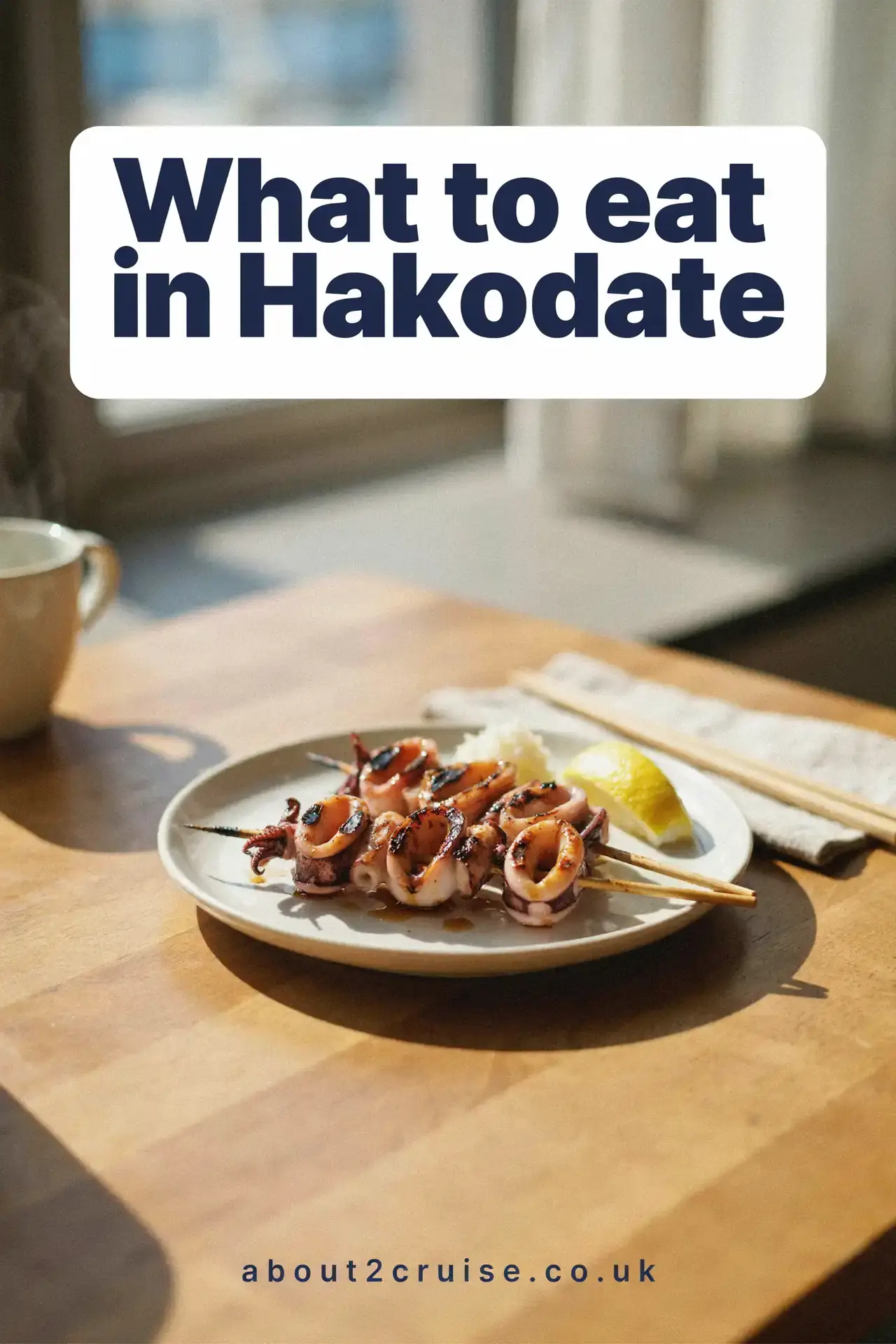 Hakodate cruise port: close up of fresh Hakodate squid dish served at a sunny cafe table