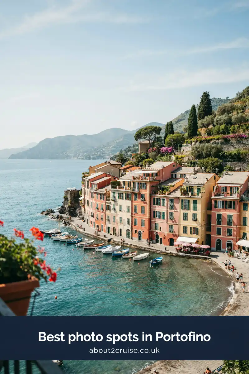 Portofino cruise port: view from the harbour wall across the colourful waterfront buildings and moored boats