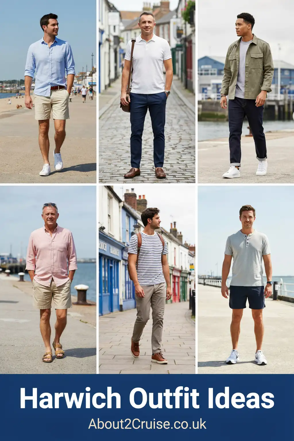 Harwich cruise port: mood board grid of casual men's walking outfits for Harwich
