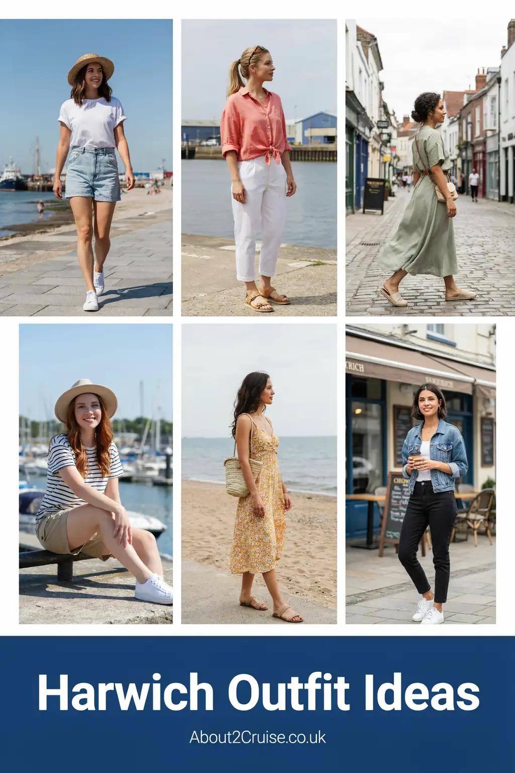Harwich cruise port: mood board of casual tourist walking outfit ideas for women