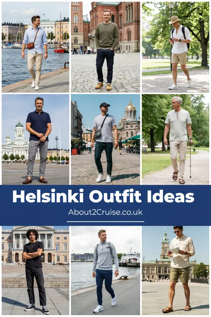 Grid of casual tourist walking outfits for men in Helsinki, suited to cobbled streets and church visits