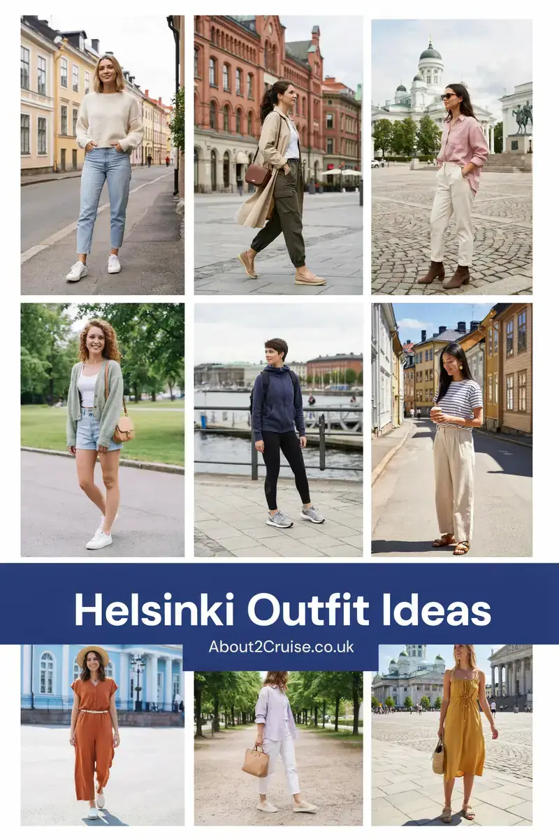 Helsinki cruise port: mood board grid of casual tourist walking outfit ideas for women