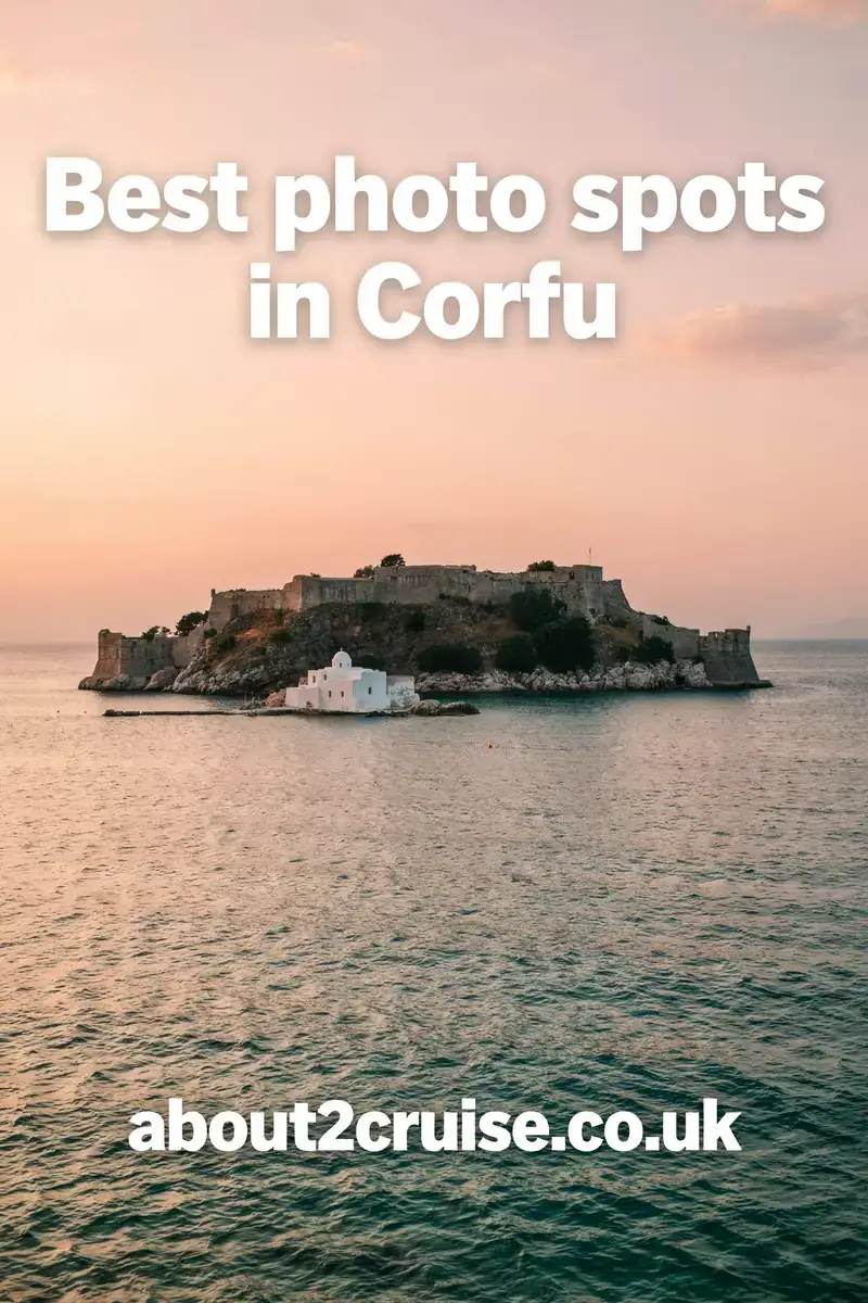 Corfu cruise port: hilltop fortress view over the sea with a small white monastery on an islet at sunset