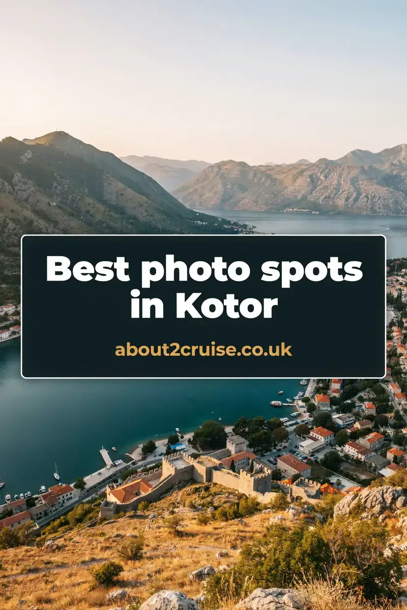 Kotor cruise port: hilltop view over Kotor Bay with old town walls and surrounding mountains in golden light