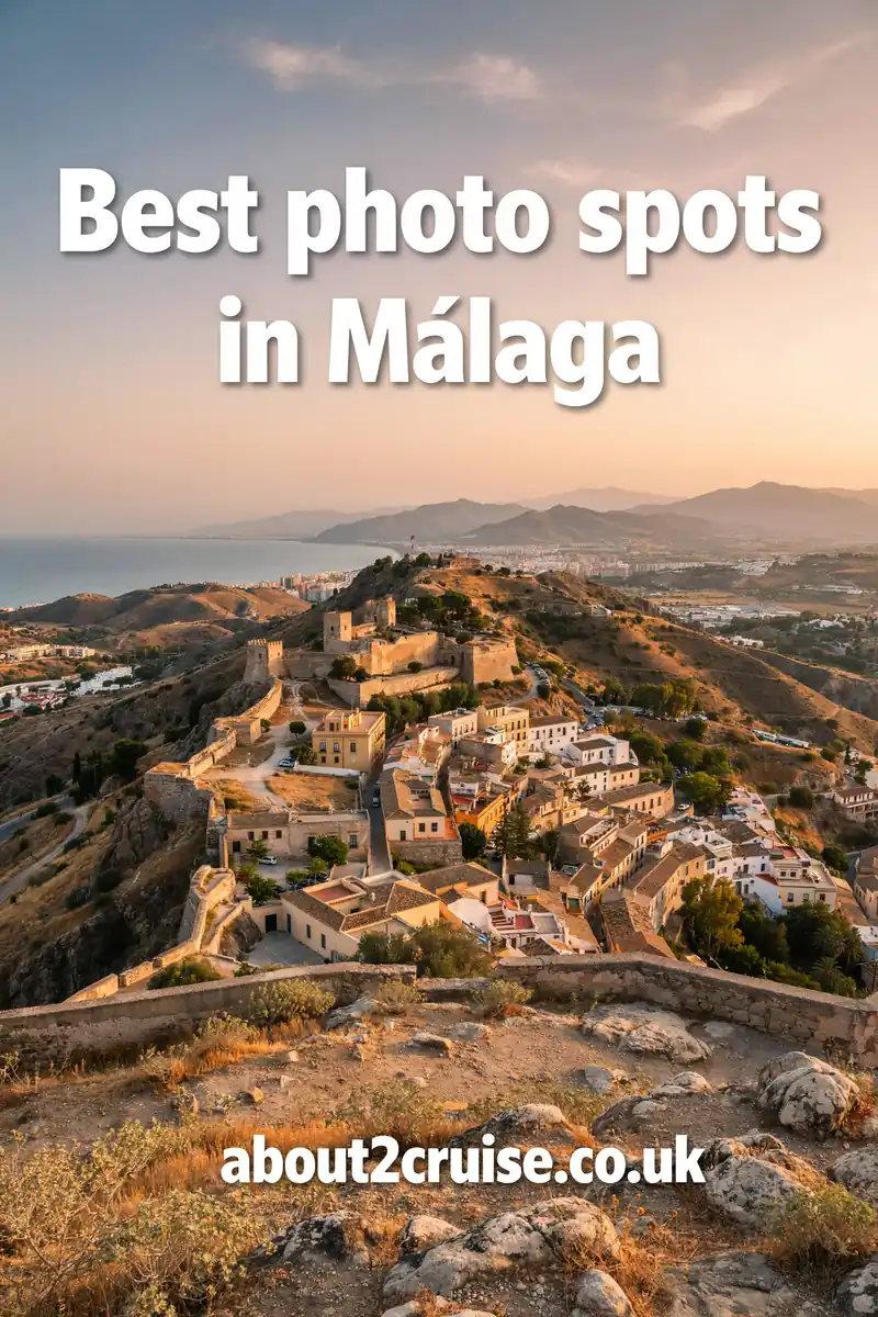 Málaga cruise port: hilltop viewpoint over fortress ruins and old town with mountains and sea beyond