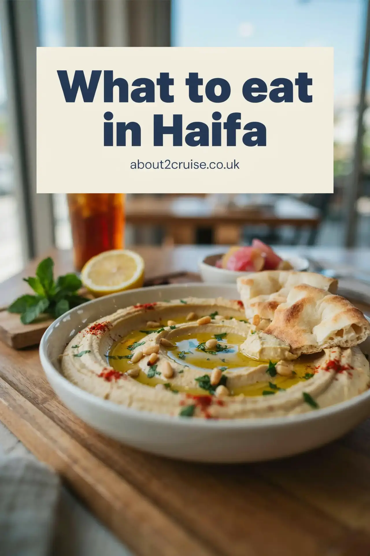Close-up of a hummus dish served at a sunny cafe table in Haifa, Israel
