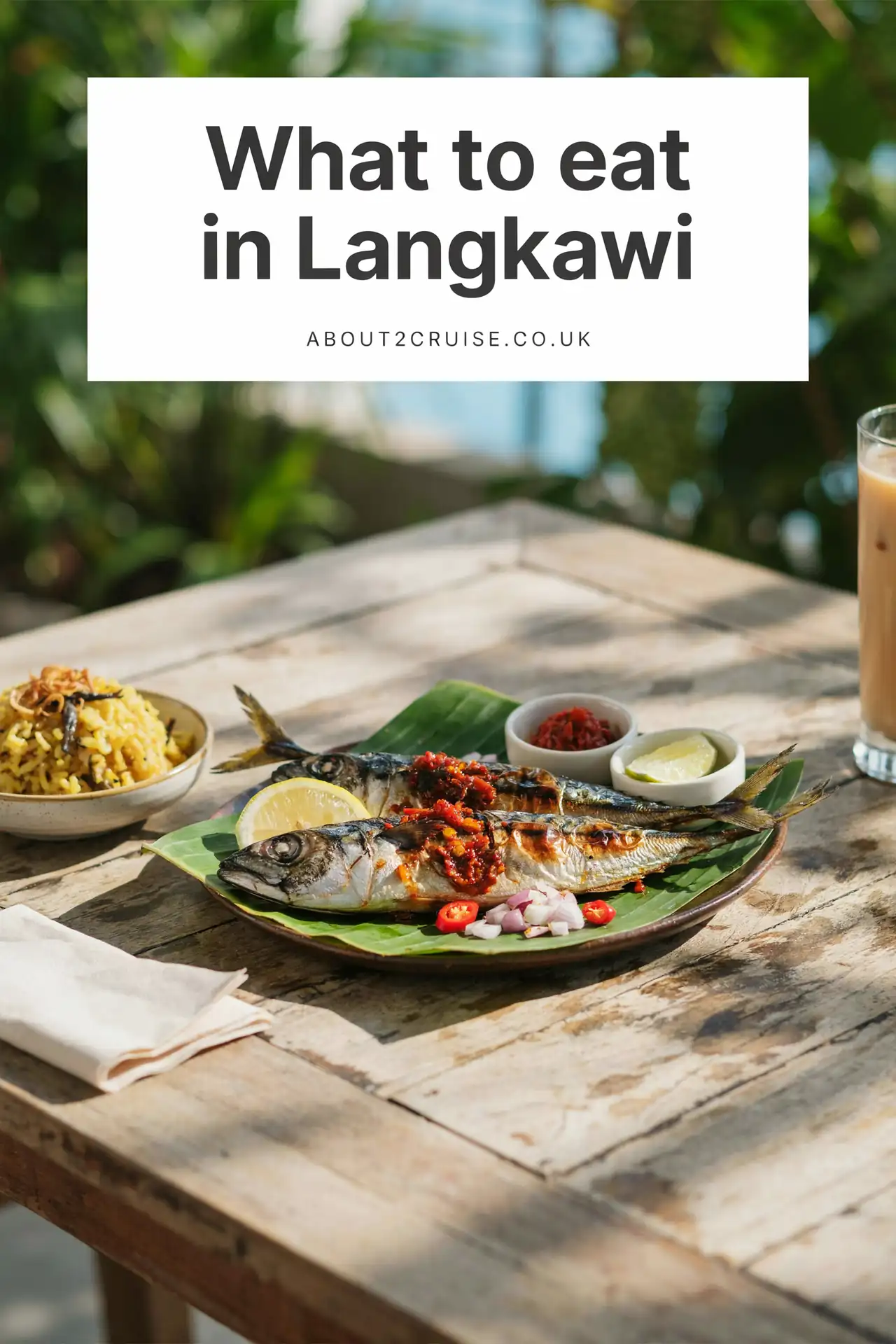 Ikan bakar, grilled fish dish served at a sunny cafe table in Langkawi, Malaysia