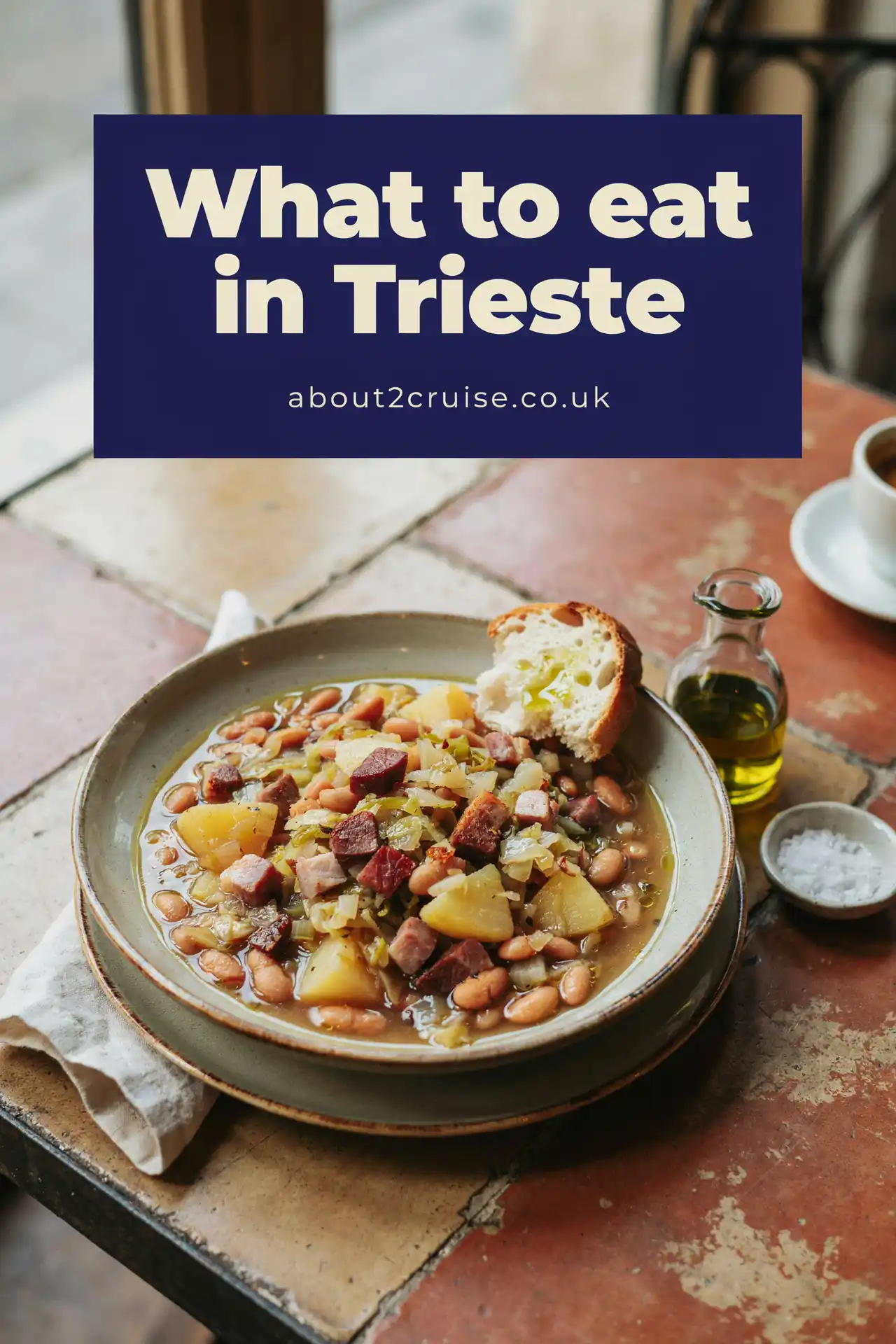 Jota, a traditional sauerkraut and bean soup served at a sunny cafe table in Trieste
