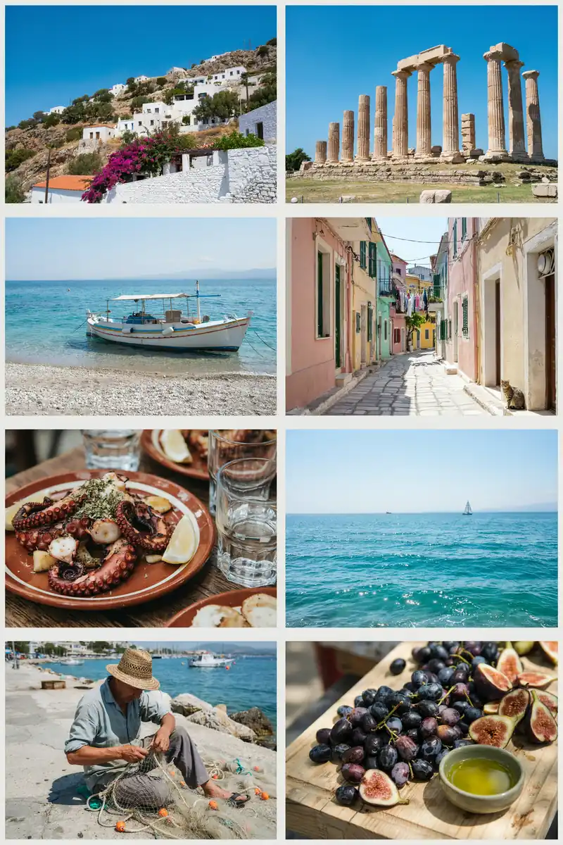 Katakolon cruise port: grid of local photos showing coastal village, harbour and nearby Olympia countryside in Greece