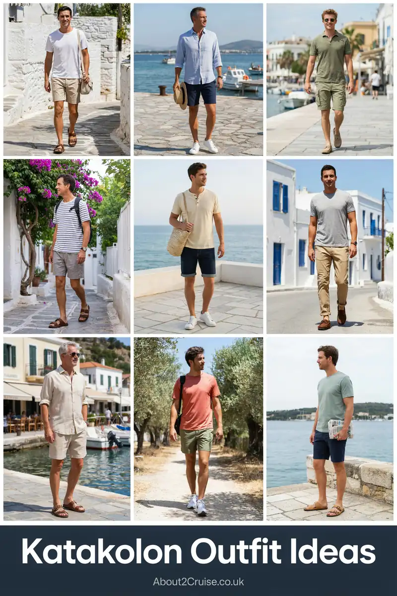 Grid of casual men's tourist walking outfits for Katakolon, sunny day