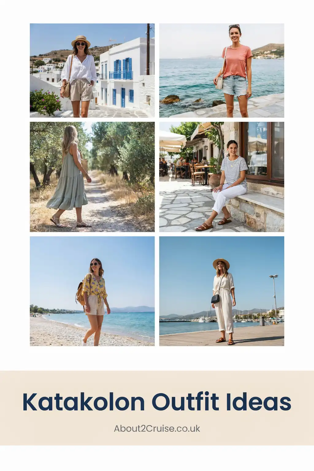 Katakolon cruise port: mood board of casual women's walking outfit ideas for exploring the town and Olympia
