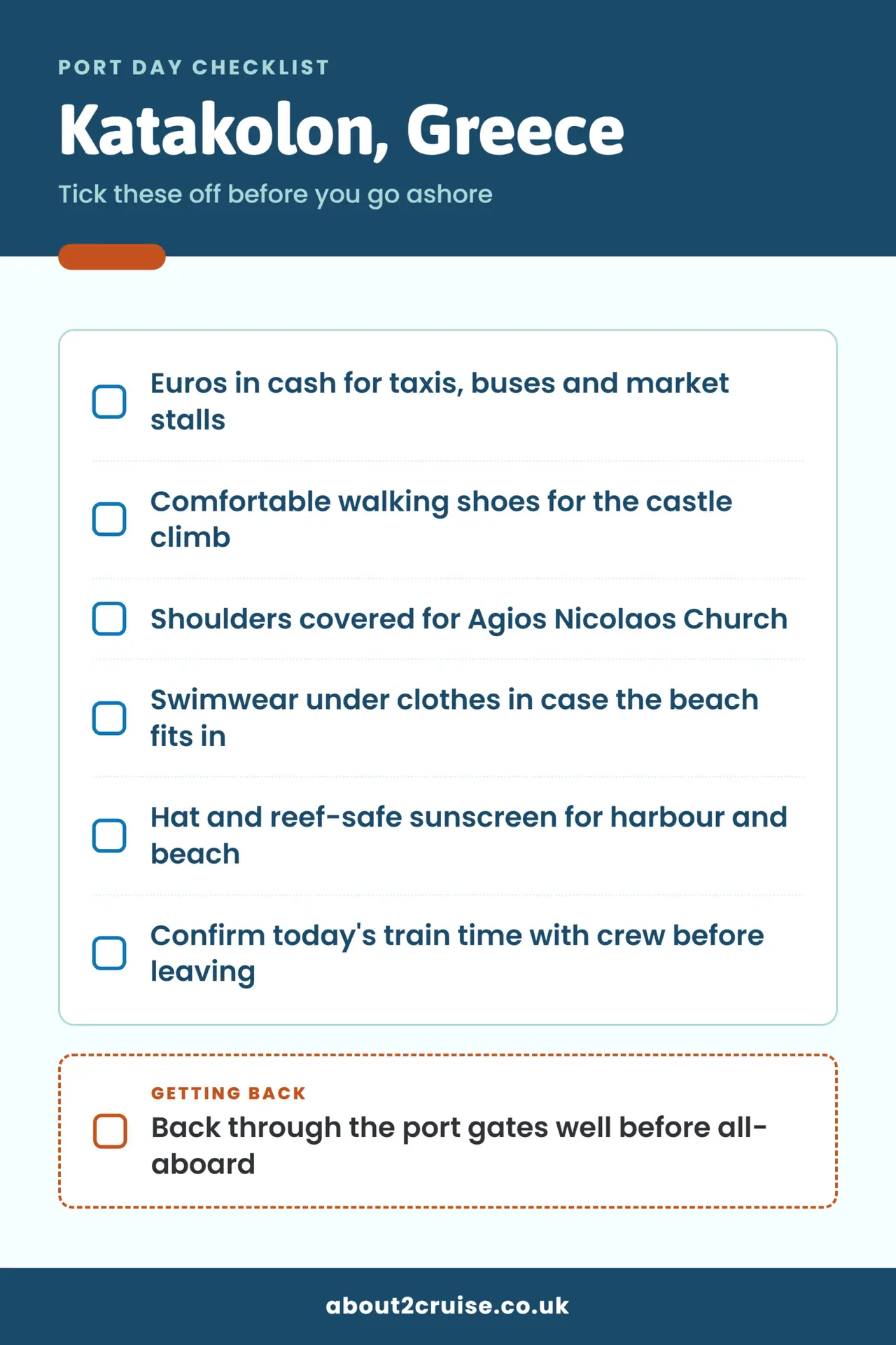 Katakolon cruise port day checklist: what to bring and check before going ashore