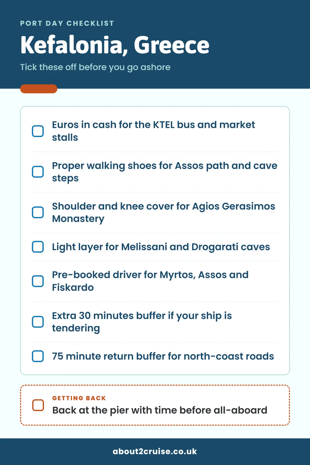 Kefalonia cruise port day checklist: what to bring and check before going ashore