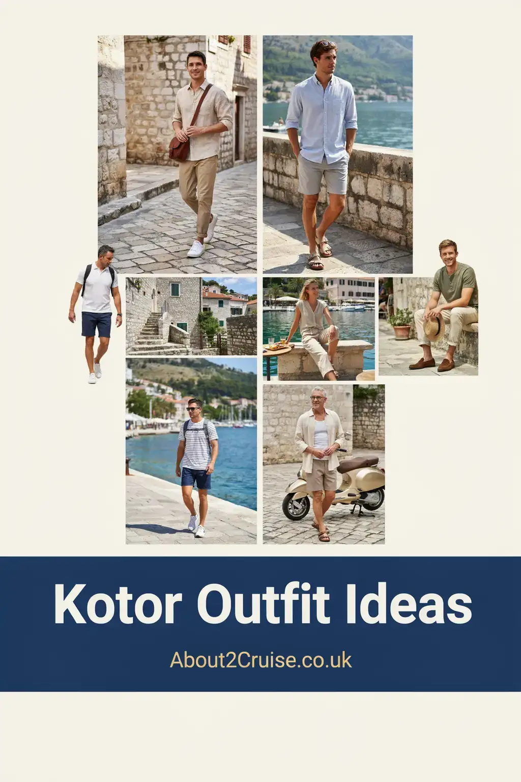 Kotor cruise port: mood board of casual men's walking outfits for Kotor