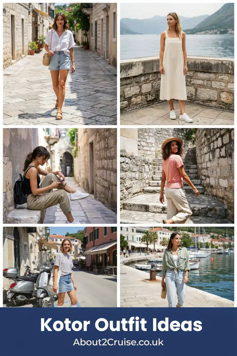 Kotor cruise port: mood board of casual women's walking outfits for exploring the Old Town and fortress