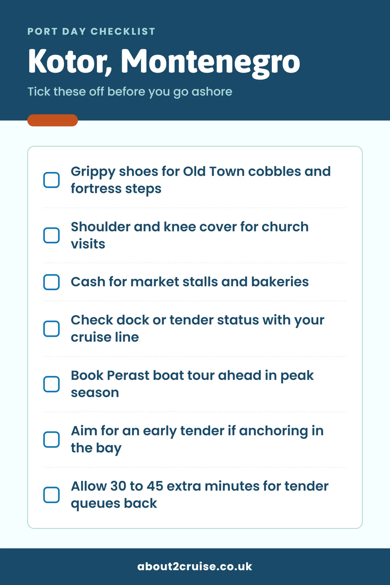Kotor cruise port day checklist: what to bring and check before going ashore