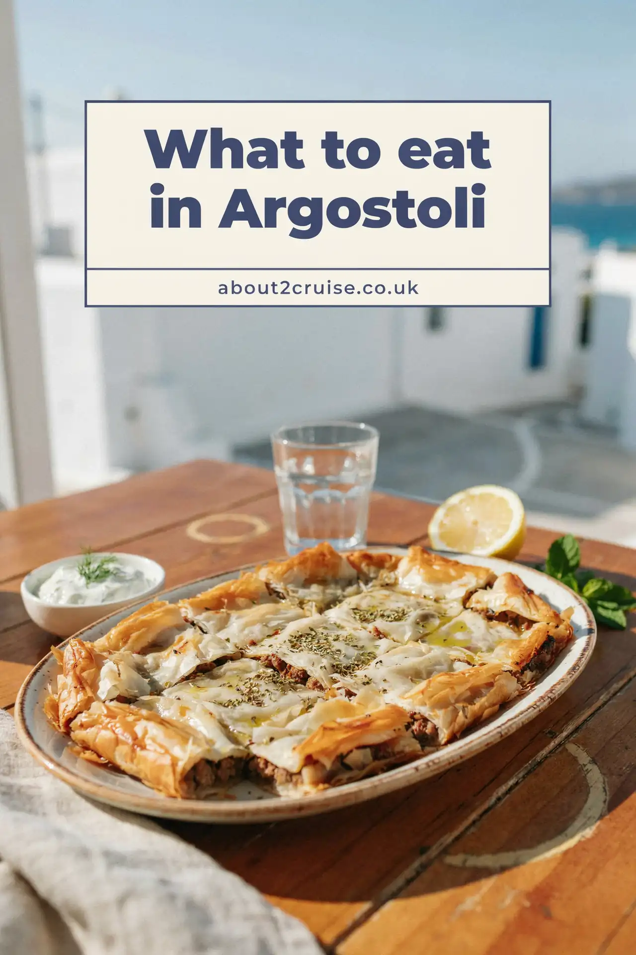 Argostoli cruise port: kreatopita meat pie served at a sunny cafe table