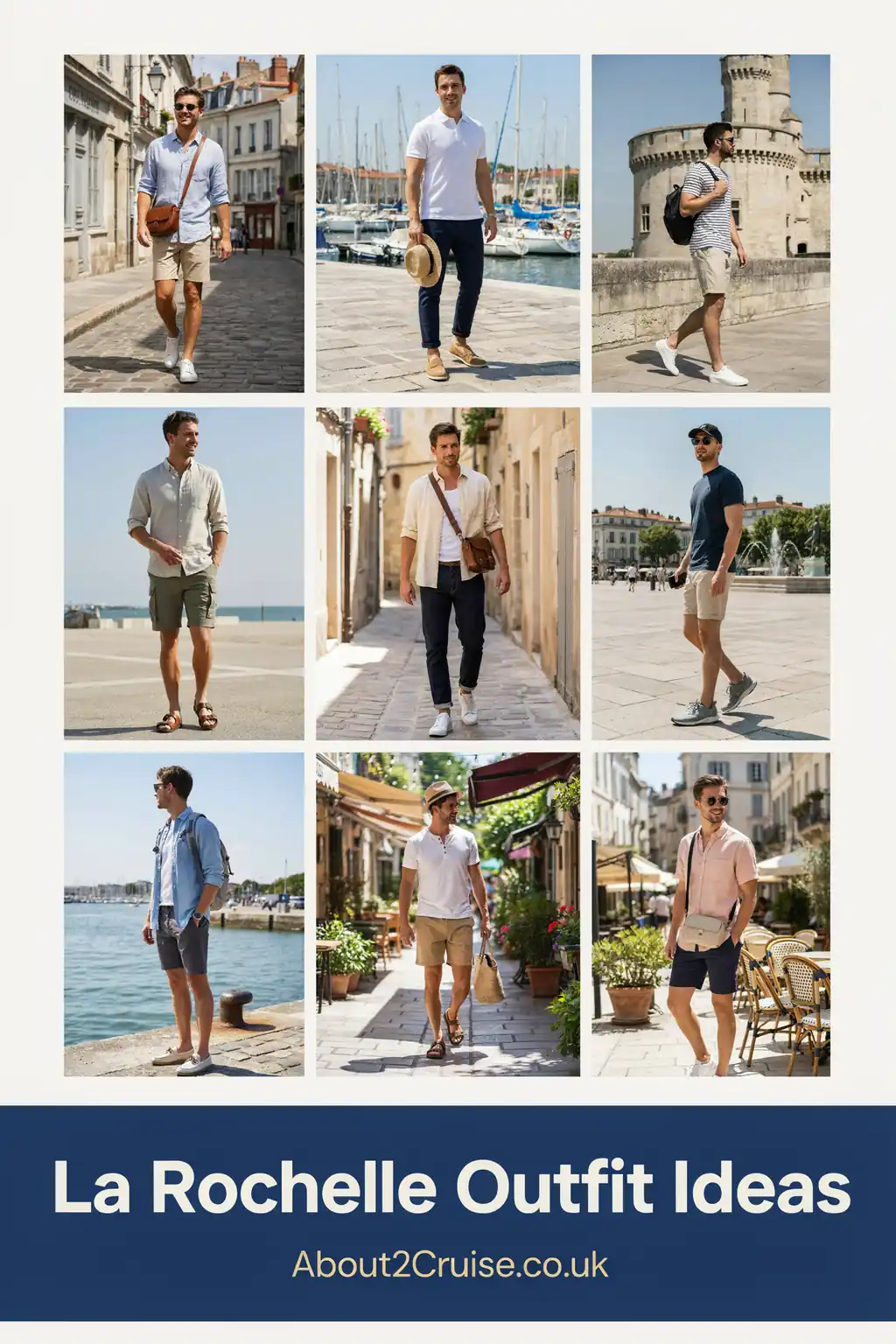 Grid of casual men's tourist walking outfits for a sunny day in La Rochelle