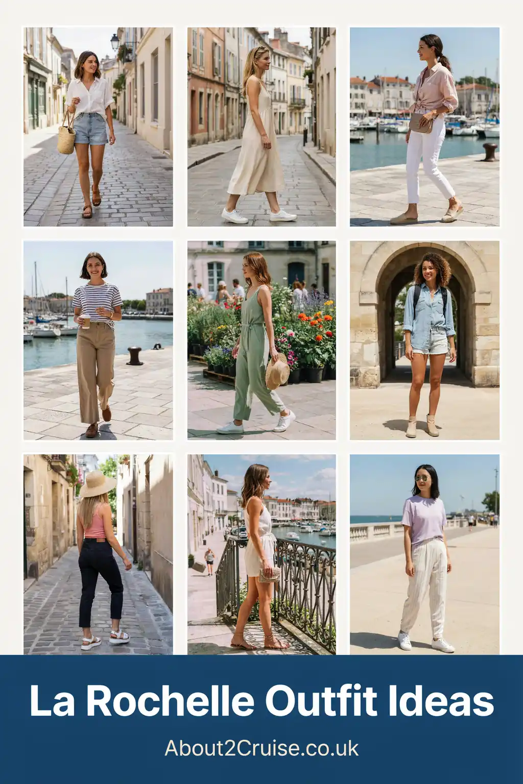 Mood board grid of casual women's tourist walking outfits for La Rochelle