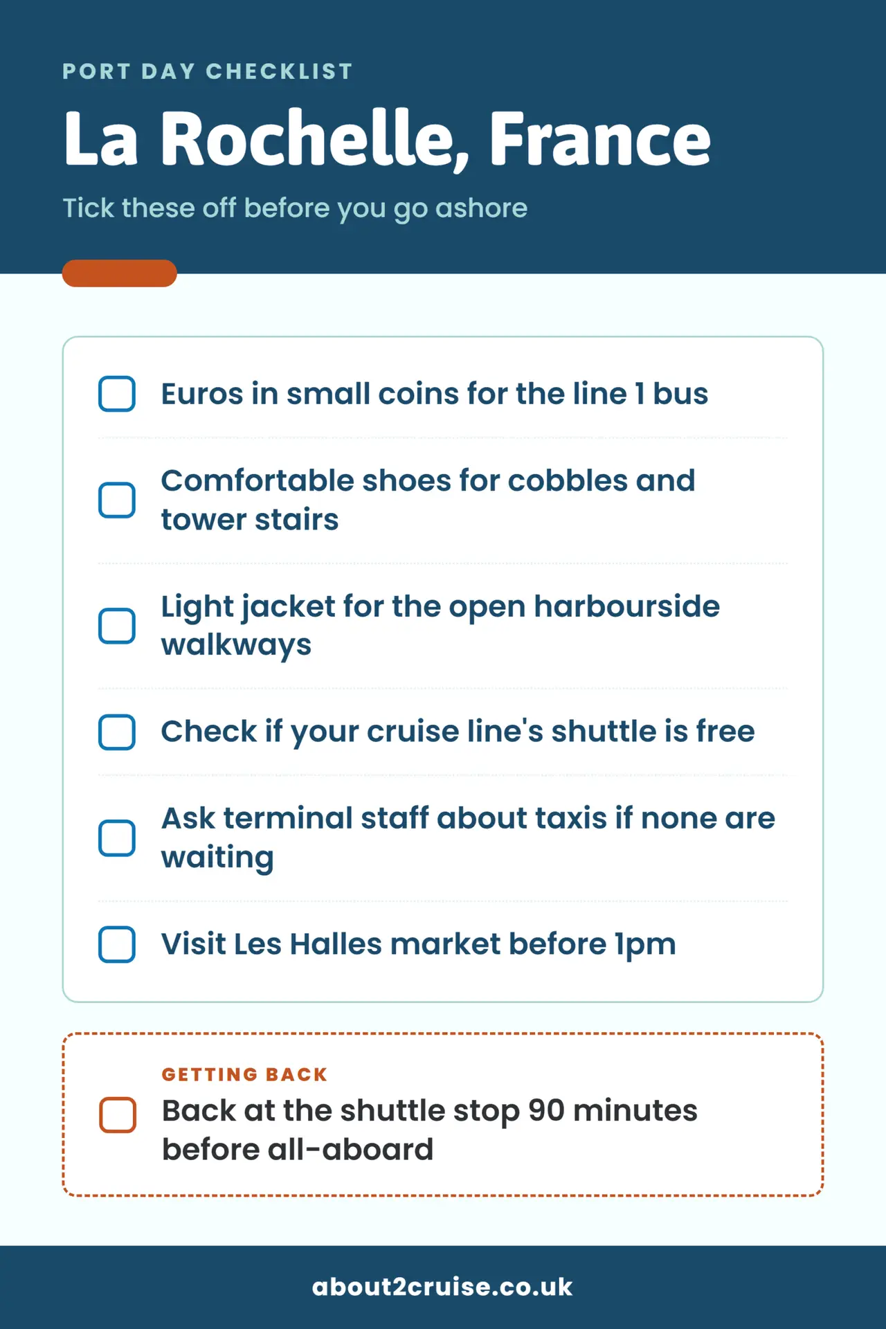 La Rochelle cruise port day checklist: what to bring and check before going ashore