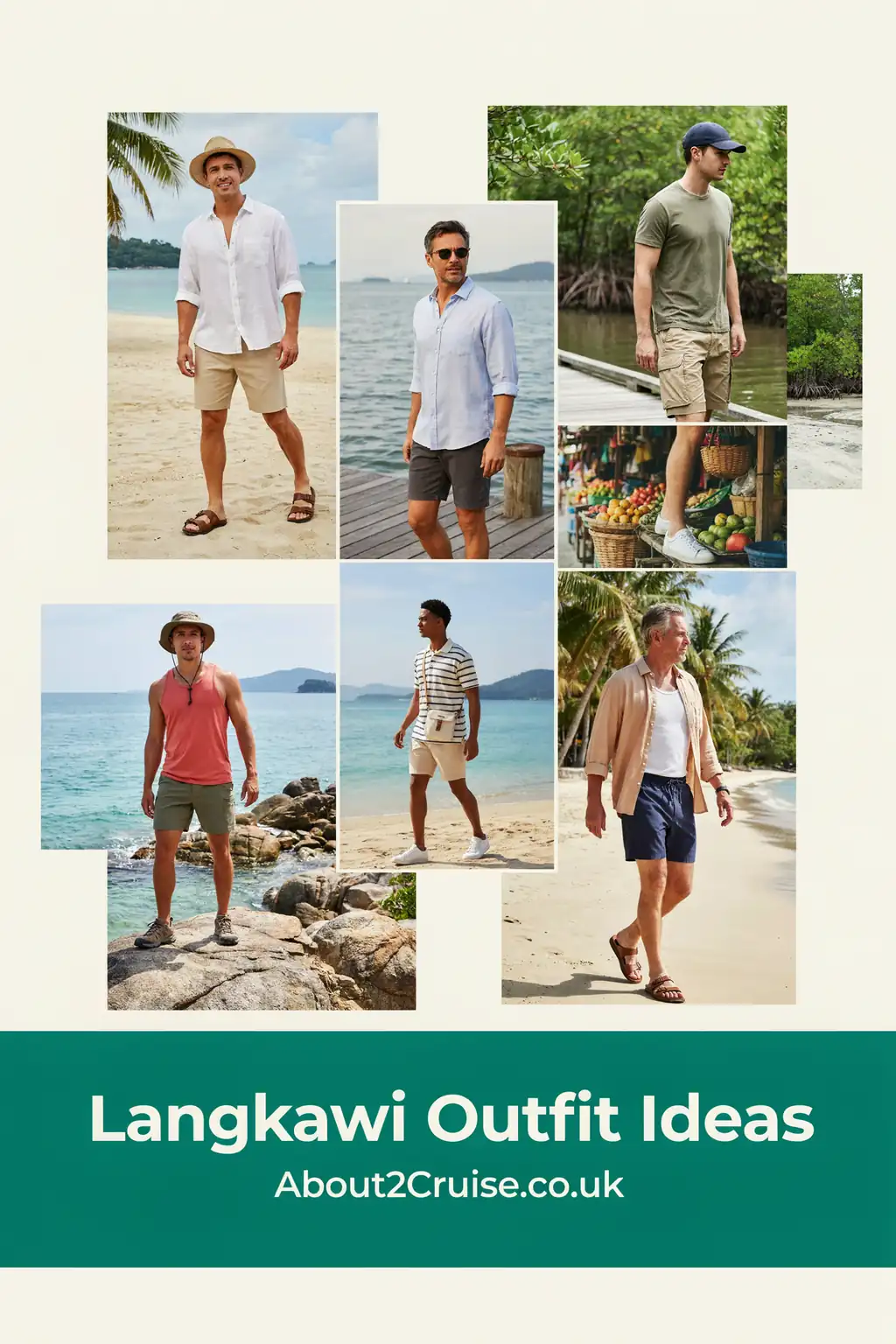 Langkawi cruise port: grid of casual men's tourist walking outfits for a sunny day