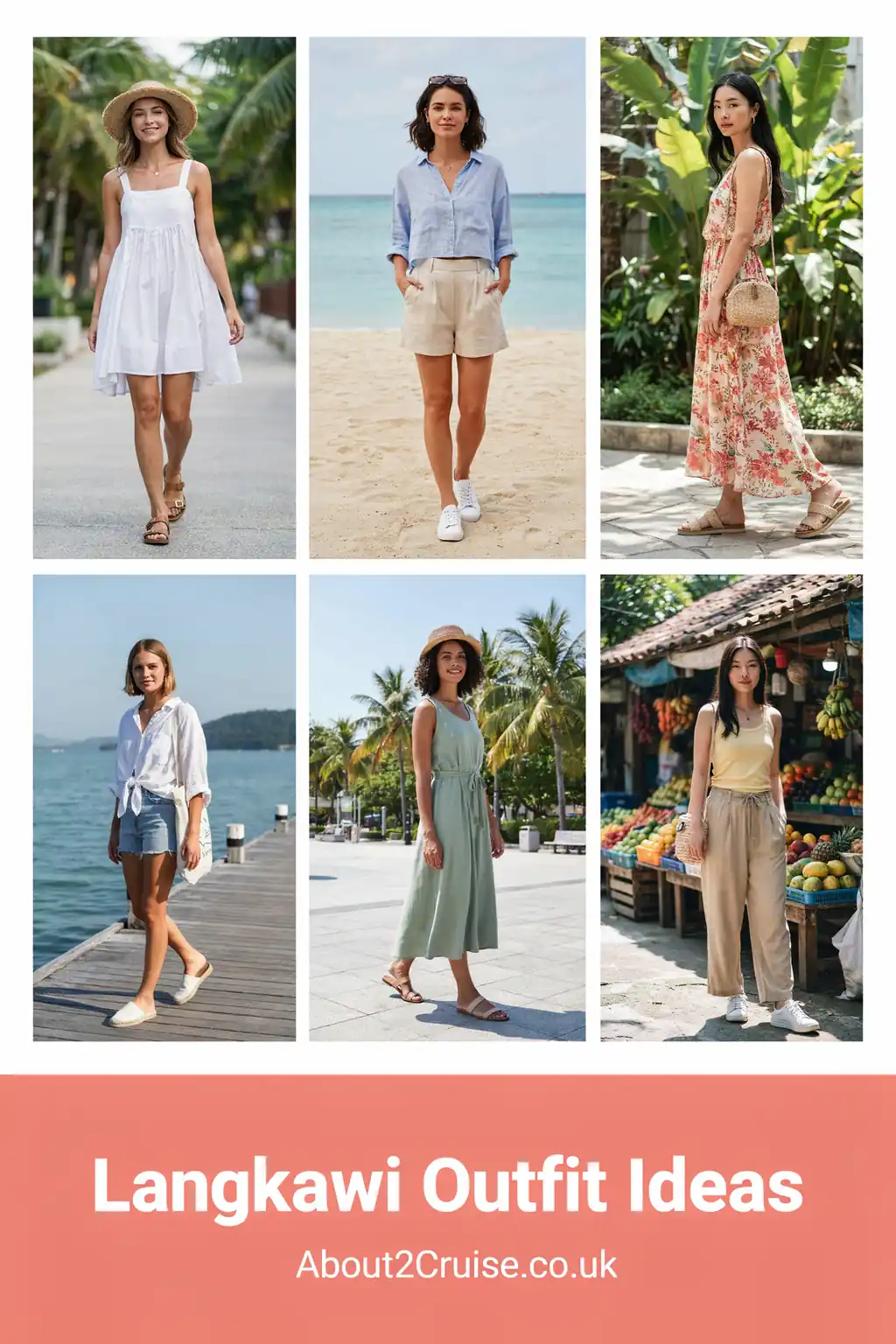 Mood board grid of casual tourist walking outfits for women in Langkawi